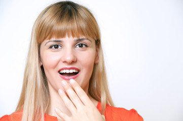 Fototapeta premium Portrait of young happy smiling surprised business woman, isolat