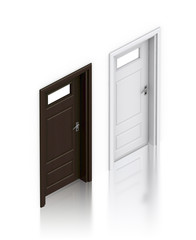 Wooden dark and white painted doors with windows.