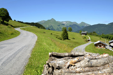 Road in the Alps mountains near Morzine in France - obrazy, fototapety, plakaty