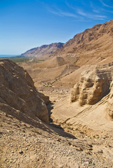Gorge in desert cut by a Qumran creek  Dead Sea