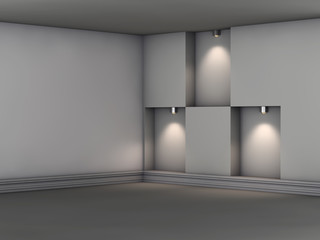 3d empty niches with spotlights for exhibit in the grey interior