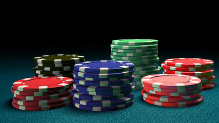 6 Casino color chips blue table
