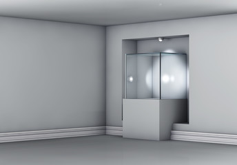 3d glass showcase and niche with spotlights for exhibit in the g