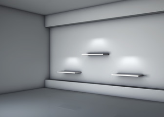 three 3d shelves and spotlights for exhibit in the grey interior