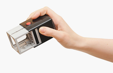 Hand with stamp for documents on white background