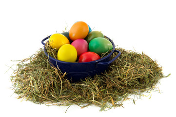 Blue bucket colorful easter eggs