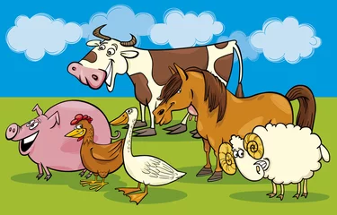 Fototapete Bauernhof Gruppe von Cartoon-Nutztieren