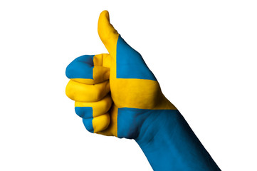 sweden national flag thumb up gesture for excellence and achieve