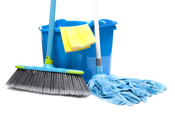 bucket with mop,  brush and gloves