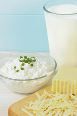 Close Up Of Fresh Milk And Cheese Products