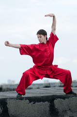 Wushoo man in red practice martial art
