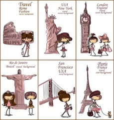 Foto op Plexiglas Doodle Cartoon mode meisje reist de wereld, vector achtergrond