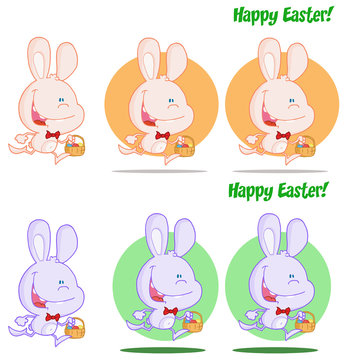 Cute Bunny Running With Easter Eggs Different Colors.Collection