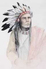 Papier Peint photo Indiens dessin en couleur d& 39 un indien américain avec des plumes