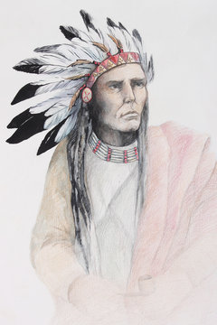 color drawing of american indian with feathers