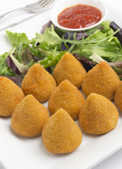 Coxinha -Brazilian deep fried chicken snack, salad & chili sauce