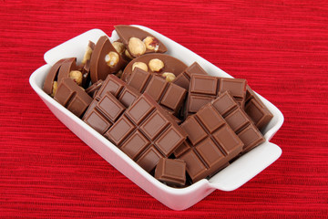 plate with chocolate pieces and chocolate with nuts