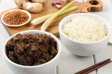 Beef Rendang & Sticky Rice -Malaysian dry beef stew with coconut