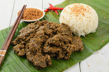 Beef Rendang & Sticky Rice -Malaysian dry beef stew with coconut