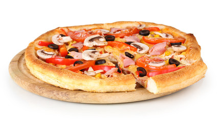 Sliced pizza close-up isolated on white