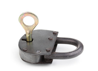 Retro padlock with key isolated on white