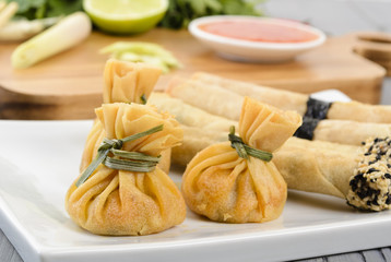 Oriental Snacks -wontons and spring rolls & sweet chilli sauce