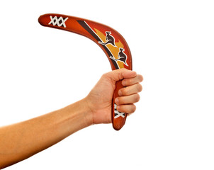 hand holdiing boomerang on white background