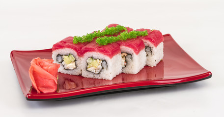 Maki Sushi - Roll made of Crab, avocado, cucumber inside. Fresh