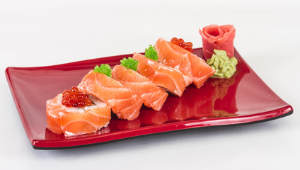 Japanese sushi traditional japanese food.Roll made of salmon, re