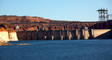 Fototapeta na wymiar Glen Canyon Dam Lake Powell Electric Power Towers Lines Arizona