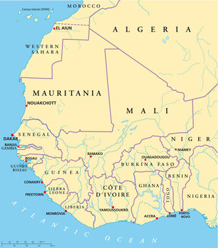 West Africa political map with capitals, national borders, rivers and lakes. With English labeling and scale. Vector.