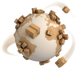 cardboard boxes around the world - global shipment 3d concept - obrazy, fototapety, plakaty