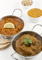 Goan Chicken Xacuti & Meat Madras with rice, dahl & chapati