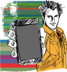 Sketch of Handsome guy showing his Modern Smartphone. Vector - 40426350