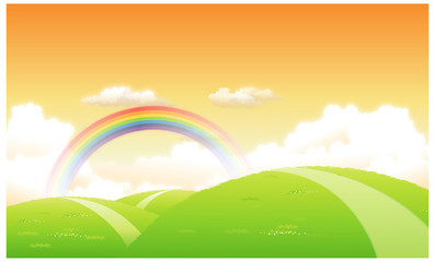 Green landscape with a rainbow in the background