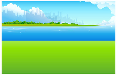 City Skyline with Green landscape and waterfront