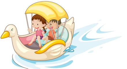 Foto auf Acrylglas Fluss, See Kinder im Boot