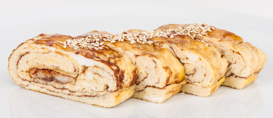 Omelet Maki Sushi - Roll made of Smoked Eel inside. Topped with