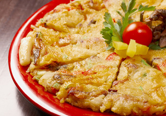 Japanese food close-up Okonomiyaki.