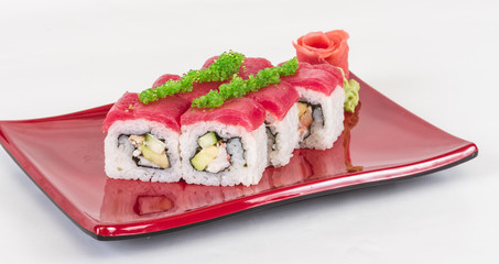 Maki Sushi - Roll made of Crab, avocado, cucumber inside. Fresh