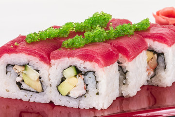 Maki Sushi - Roll made of Crab, avocado, cucumber inside. Fresh