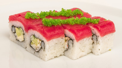 Maki Sushi - Roll made of Crab, avocado, cucumber inside. Fresh