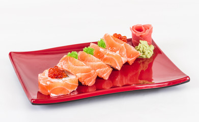 Japanese sushi traditional japanese food.Roll made of salmon, re