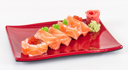 Japanese sushi traditional japanese food.Roll made of salmon, re