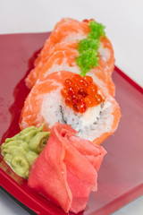 Japanese sushi traditional japanese food.Roll made of salmon, re