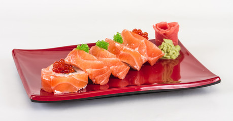 Japanese sushi traditional japanese food.Roll made of salmon, re