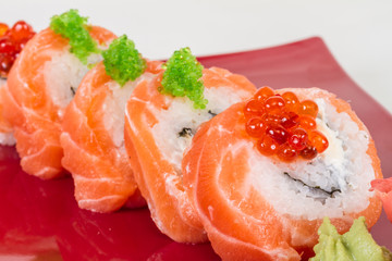 Japanese sushi traditional japanese food.Roll made of salmon, re