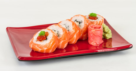 Japanese sushi traditional japanese food.Roll made of salmon, re