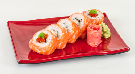 Japanese sushi traditional japanese food.Roll made of salmon, re