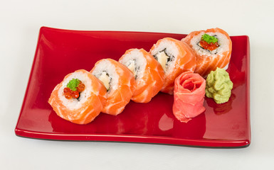 Japanese sushi traditional japanese food.Roll made of salmon, re